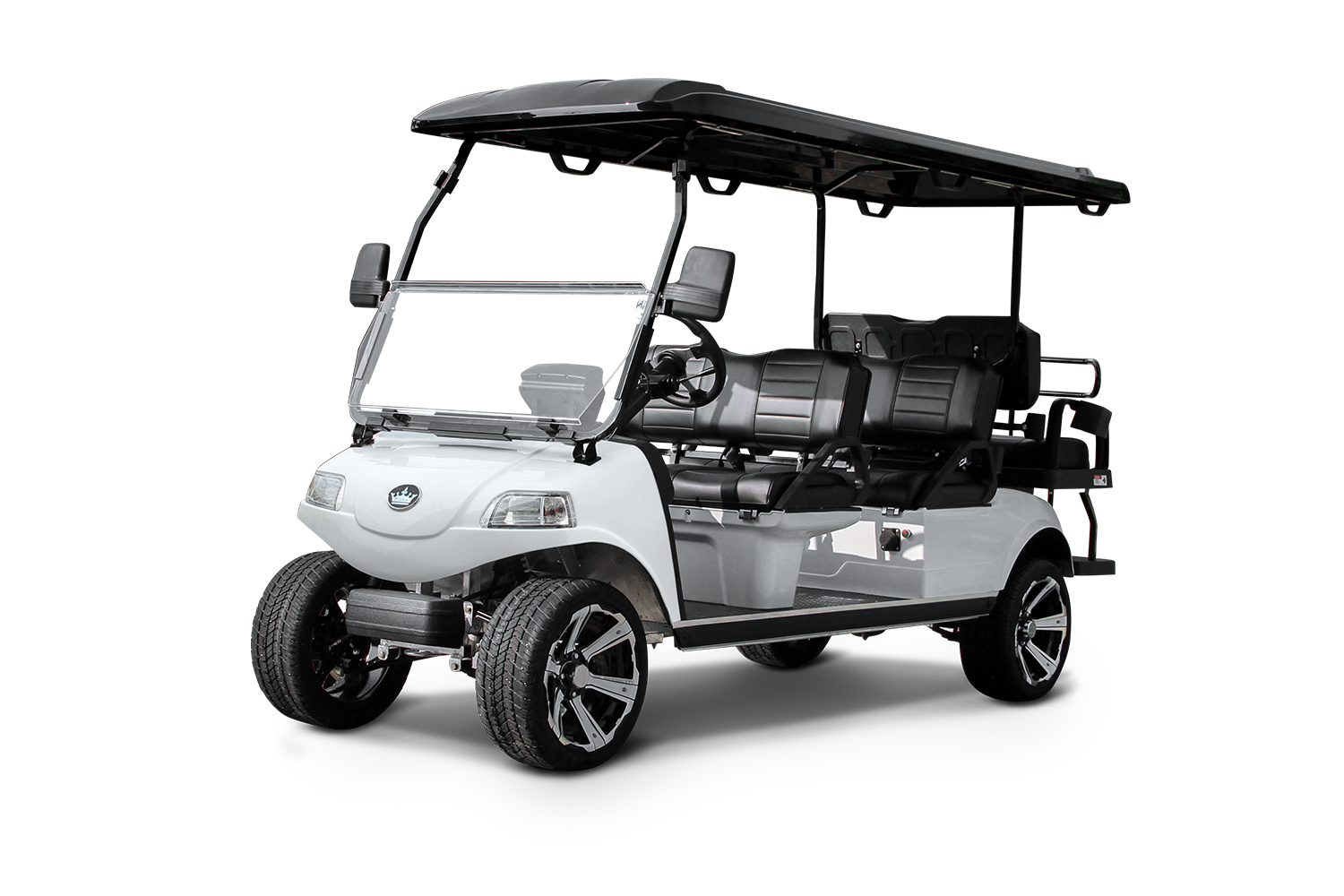 **Alt Image Description for Carrier 6 Plus Golf Cart**: "Carrier 6 Plus Golf Cart parked on a scenic golf course, showcasing its spacious design that accommodates up to six passengers. The electric cart features a sleek body, ample cargo space for golf clubs and gear, highlighting its versatility and eco-friendly transportation capabilities."